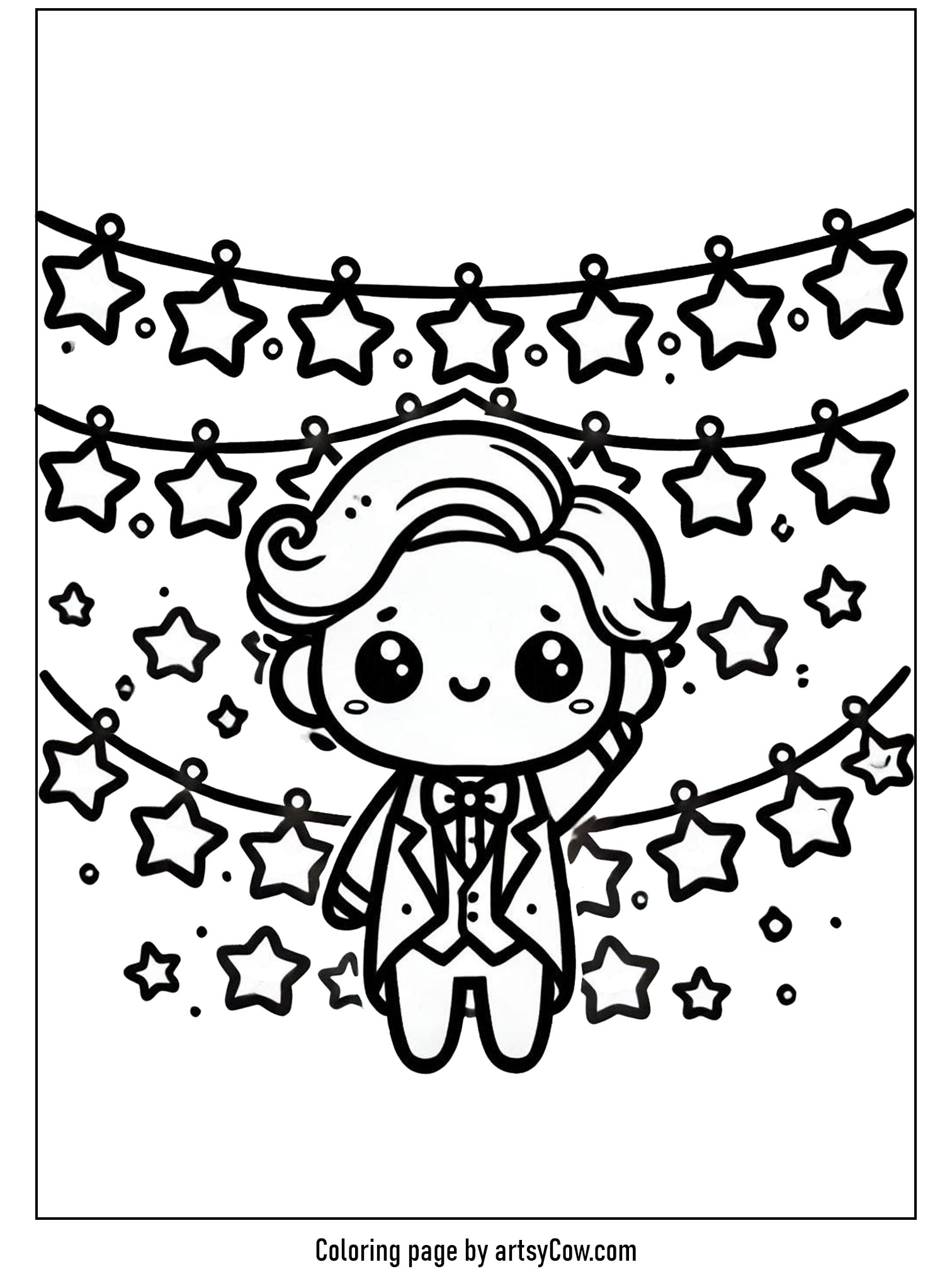 Presidents Day Coloring Pages featuring a cute character in a suit beneath garlands of stars, ready to be colored by kids.